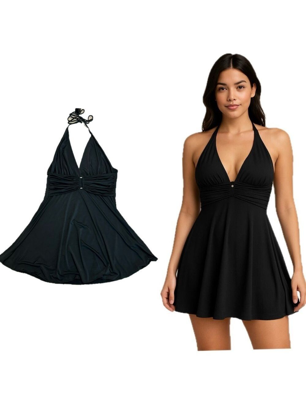 Belle Amie black spaghetti strap halter top flare skater circle mini dress Sz L